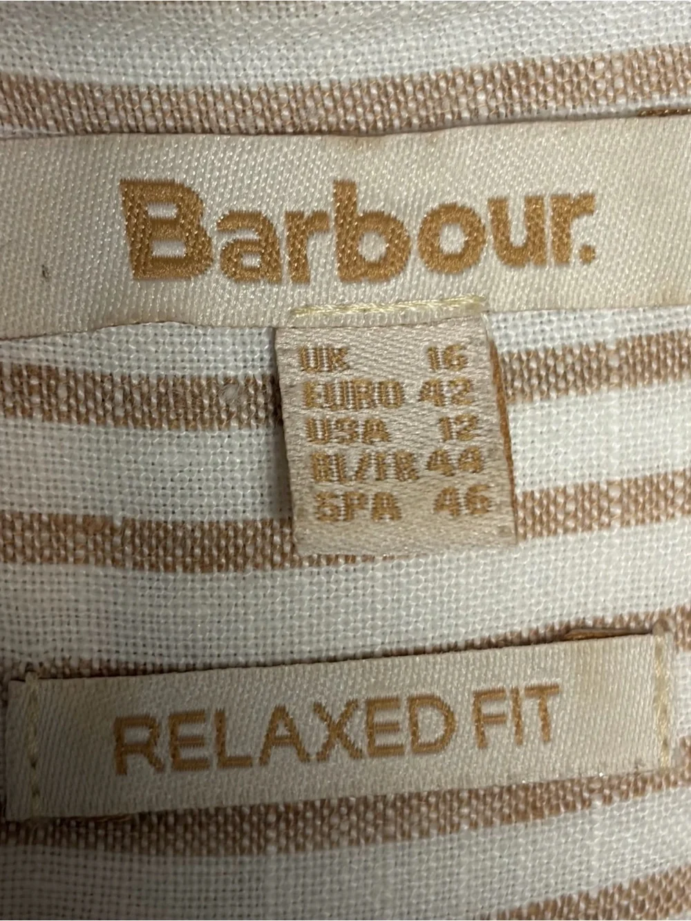 Barbour Striped Button Up 100% Linen Shirt Tan Beige Women’s 12 TINY STAIN